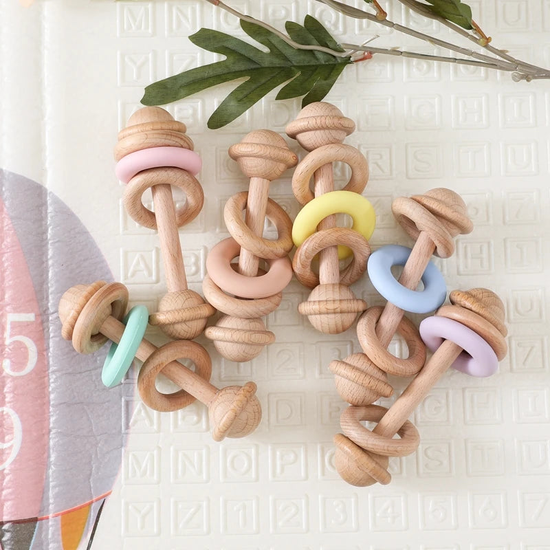 BPA-free Baby Toys Wooden Rattles Silicone Ring Rattles and Mobiles Babies 0–12 Months Sensory Toys Wooden Teether Baby Gifts