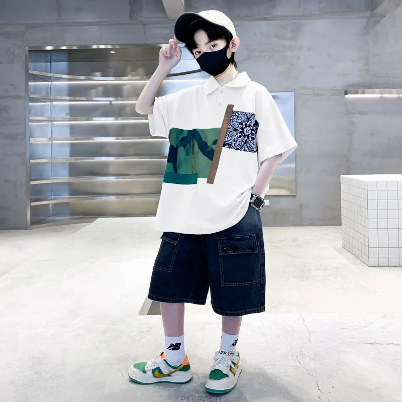 Boys Clothing Summer Set Child Fashion Short Sleeve Polo Shirt & Denim Shorts 2 Piece Suit Teens Kids Top and Bottom Clothes Set