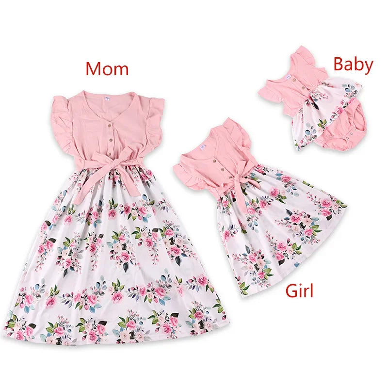 Mother Daughter Macthing Dresses Family Set Flower Mom Mum Baby Mommy and Me Clothes Fashion Cotton Dress Women Girls Outfits