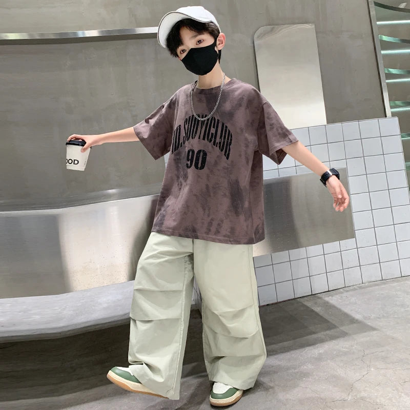 Jungen Sommerkleidung Oberteil und Hose Set für Teenager Kinder Freizeit Baumwoll-Outfit Anzug Braun Farbe Kinder Baumwollkleidungsset