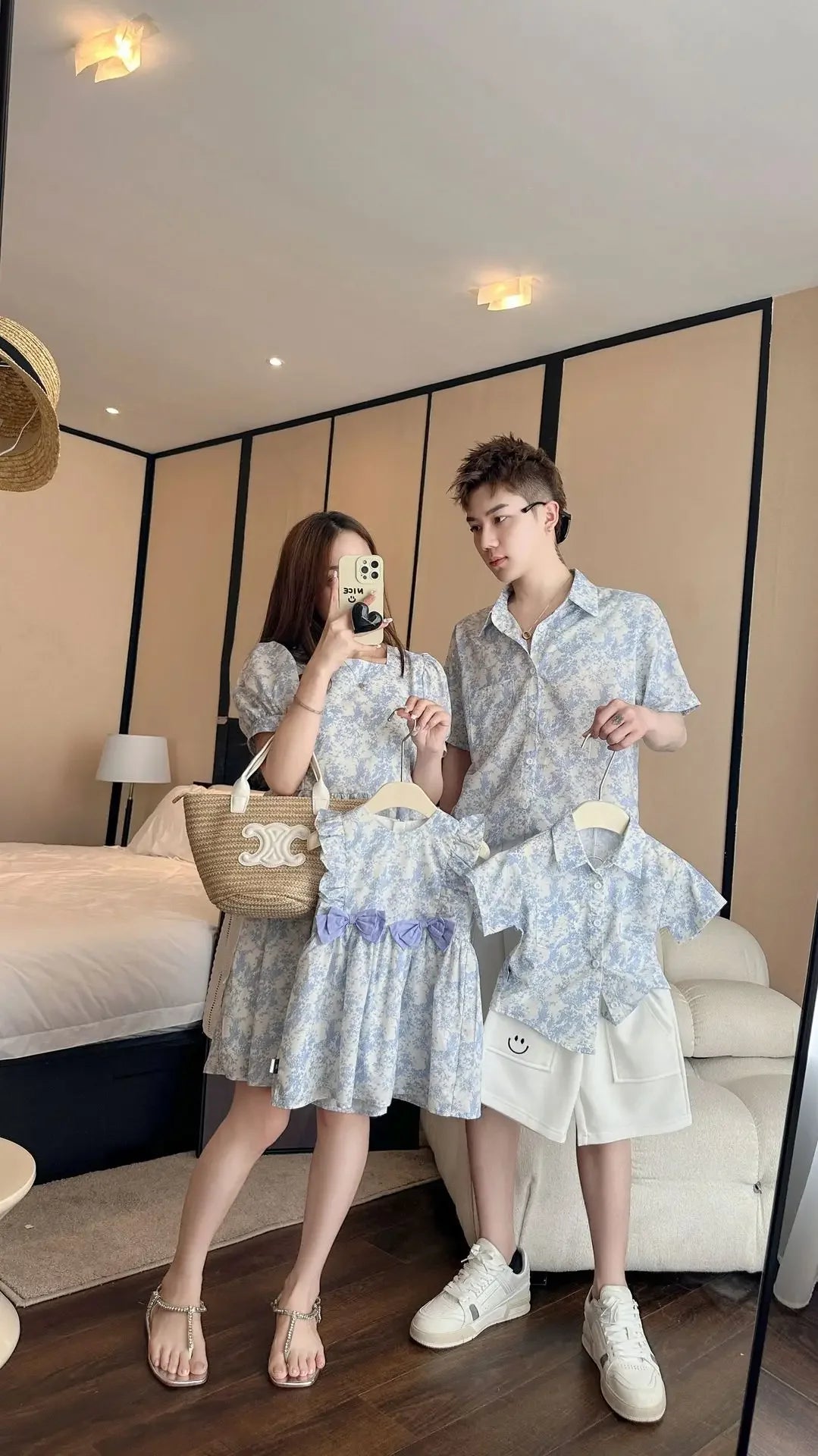 Family Matching Clothes Spring Summer Dress Mother Daughter Sleeveless Cotton Dress Father Son Shirt Baby Girl Cute Bow Dress