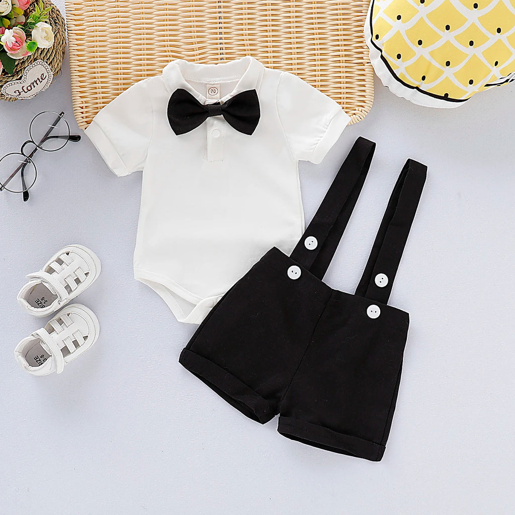Conjunto de Traje Formal de Caballero para Bebé Recién Nacido, Camisa de Manga Corta con Lazo + Pelele de Pantalones Cortos, Moda de Verano, 2 Piezas