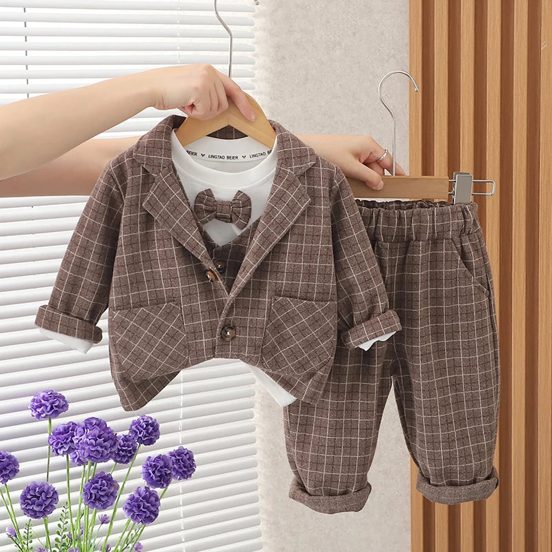 Children Clothing Spring Autumn Baby Boys Wear Infant Lapel Plaid T-Shirt Pants 3pcs/sets Toddler Casual Suit 0-5 Years