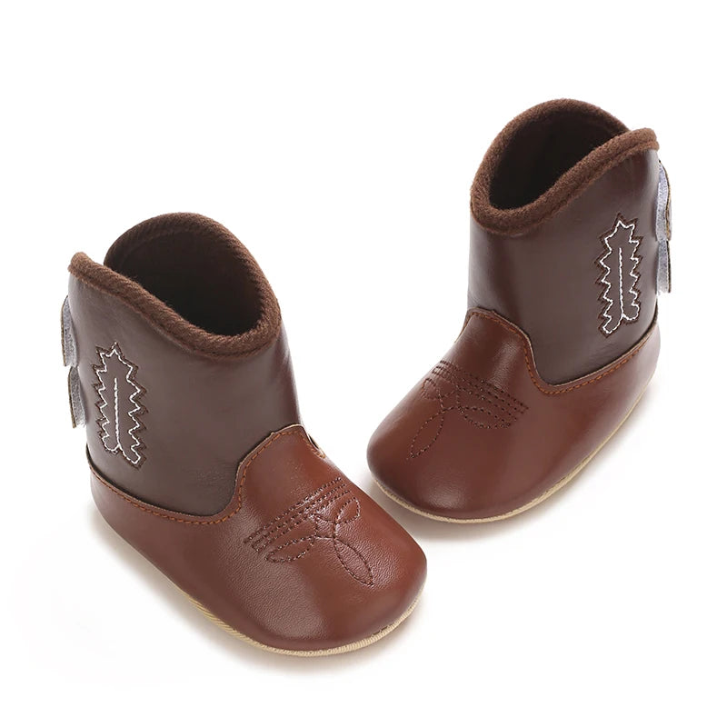 Leather Western Boots Cowboy Bootie Soft Sole Non-Slip Crib Shoes for Baby Infant Toddler Girls Boys Newborn