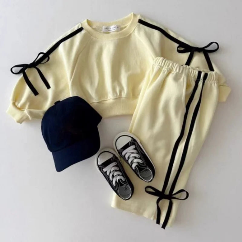 Baby Clothing Set Fashion Bow Decoration Pink Sports Top+Pants Two-piece Sets Sweatshirts Pant Suits 0-5 year old children's set