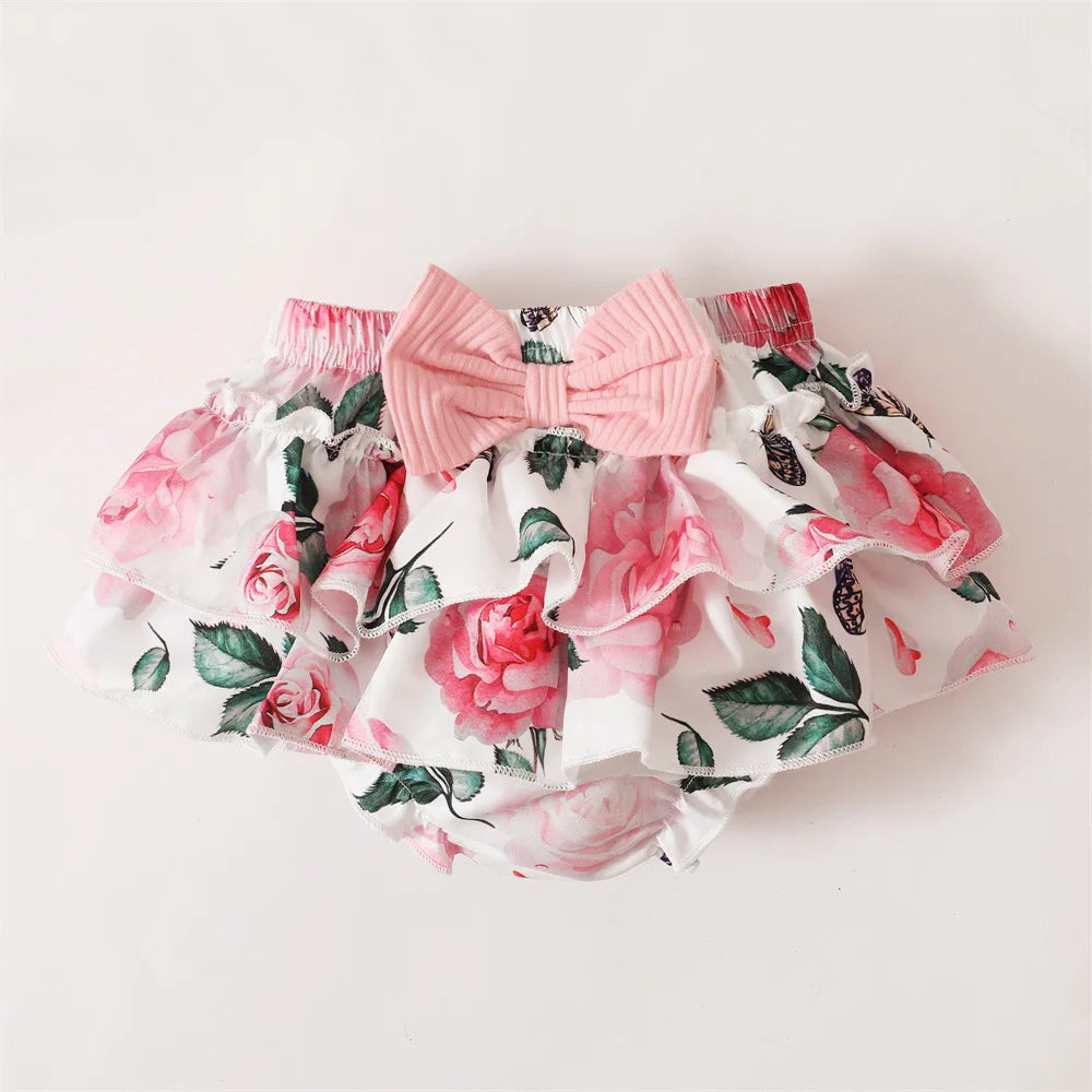 0-18 Monate Kleinkind Baby Mädchen 3-teiliges Kostüm-Set Neugeborenes Baby Mädchen Rüschen Kurzarm Strampler + kurze Hose Rock Kleinkind Mädchen Set