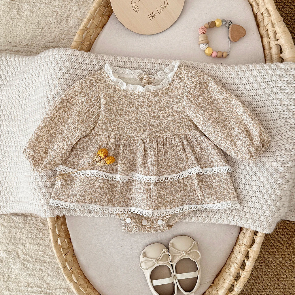 Summer Baby Girl Clothes Full Sleeve Lace Flower Girls Dress Cotton Baby Romper Princess Dress Suitable for babies aged 0-18M