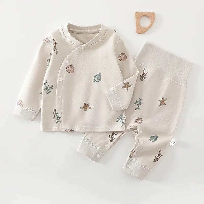 Baby Clothes 2Pcs Infant Spring Cotton Pajama Set V-Neck Long Sleeve High Waisted Belly Warming Printed Infant Clothing
