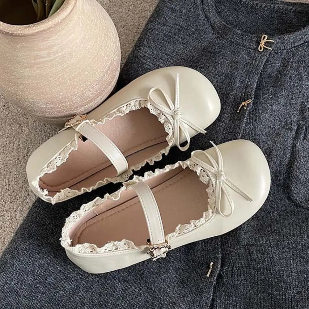 Lolita PU Leather JK Flat Shoes Bow Sweet Casual Ballet Flats Lace Ruffled Soft Sole Slip On Loafers Girls
