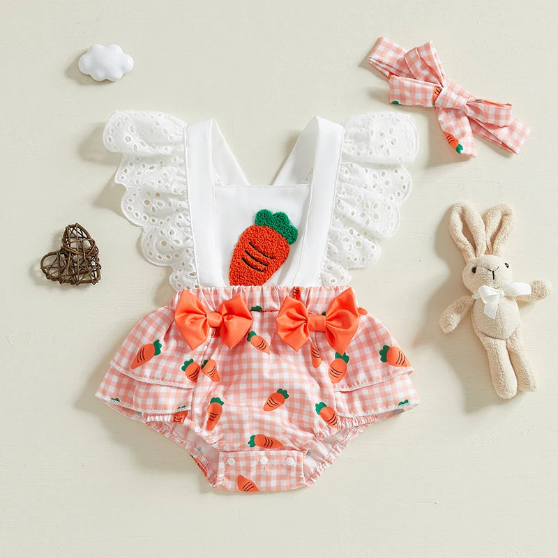 VISgogo Conjuntos de Pascua para Bebé Niña: Bodysuit Calado sin Mangas Cuello Cuadrado con Estampado de Zanahorias y Diadema con Lazo