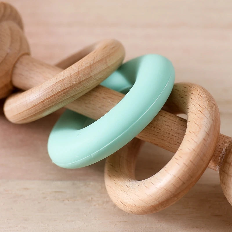 BPA-free Baby Toys Wooden Rattles Silicone Ring Rattles and Mobiles Babies 0–12 Months Sensory Toys Wooden Teether Baby Gifts