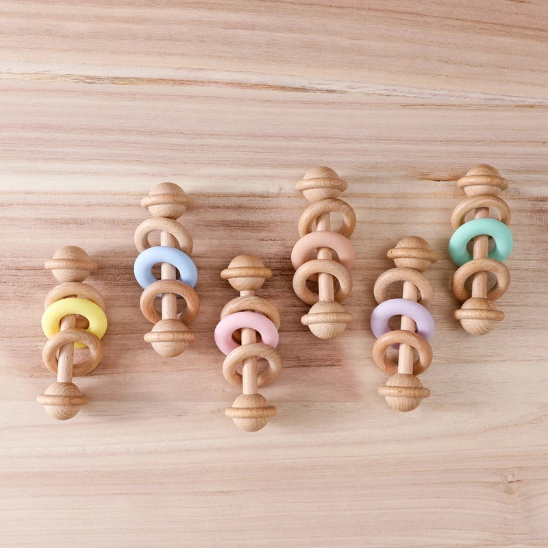BPA-free Baby Toys Wooden Rattles Silicone Ring Rattles and Mobiles Babies 0–12 Months Sensory Toys Wooden Teether Baby Gifts