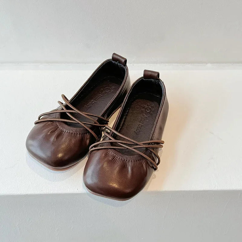 Baby Girls Leather Shoes Soft Princess Ruffles Pleated Mules Kids Casual Flats Slip-on 2025 Autumn New Children's Dress Shoes