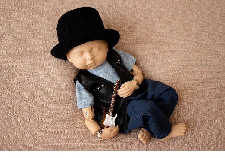 Newborn Photography Clothes for Baby Boy Cool Leather Jacket Clothing Musician Guirar Set Props for Studio Photoshoot Props