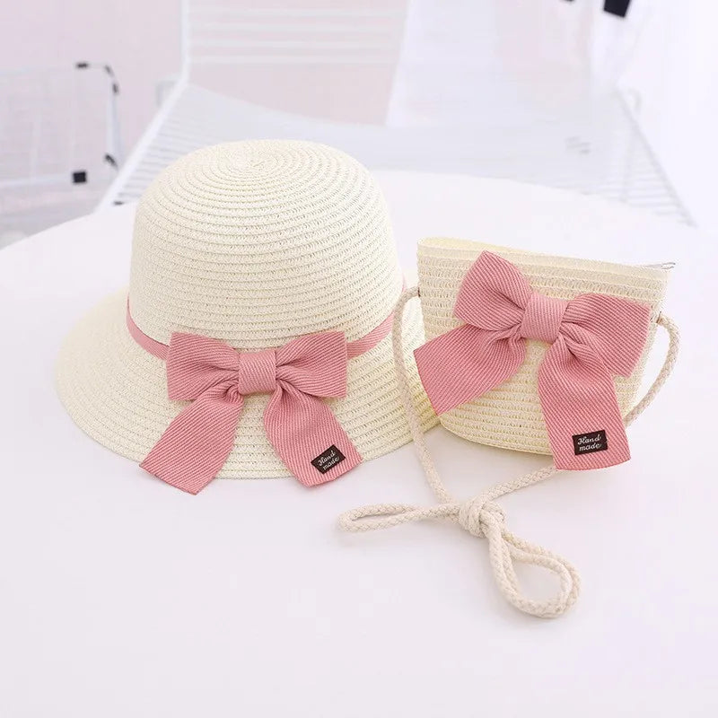 Summer Girls Beach Sun Hats Lotus Leaf Brim Cute Squinting Eyes Bowknot Outdoor Sun Protection Children Straw Cap Kids