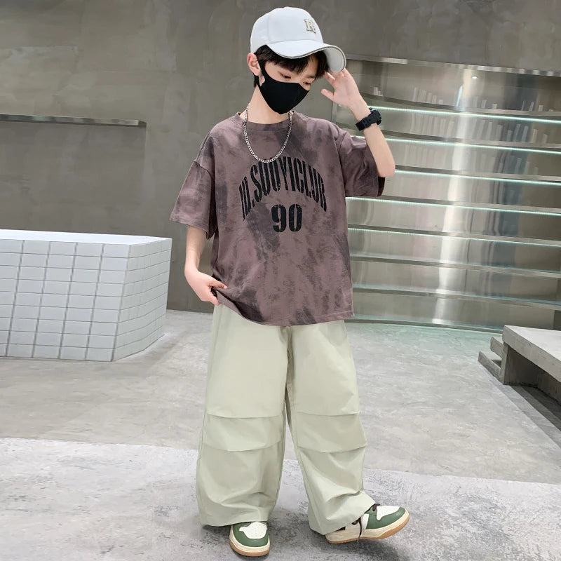 Jungen Sommerkleidung Oberteil und Hose Set für Teenager Kinder Freizeit Baumwoll-Outfit Anzug Braun Farbe Kinder Baumwollkleidungsset