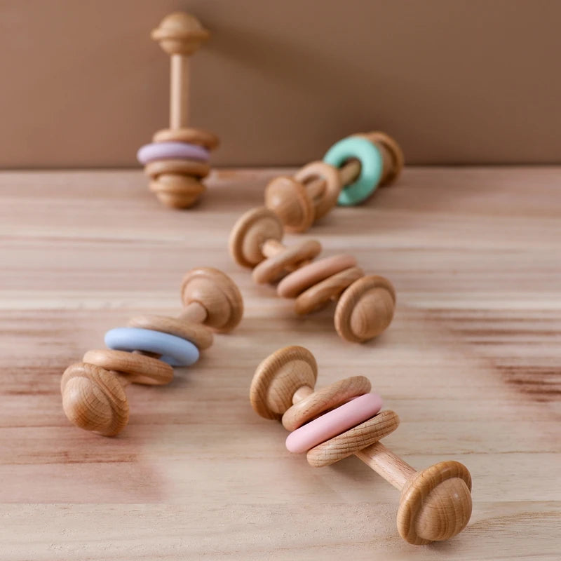 BPA-free Baby Toys Wooden Rattles Silicone Ring Rattles and Mobiles Babies 0–12 Months Sensory Toys Wooden Teether Baby Gifts