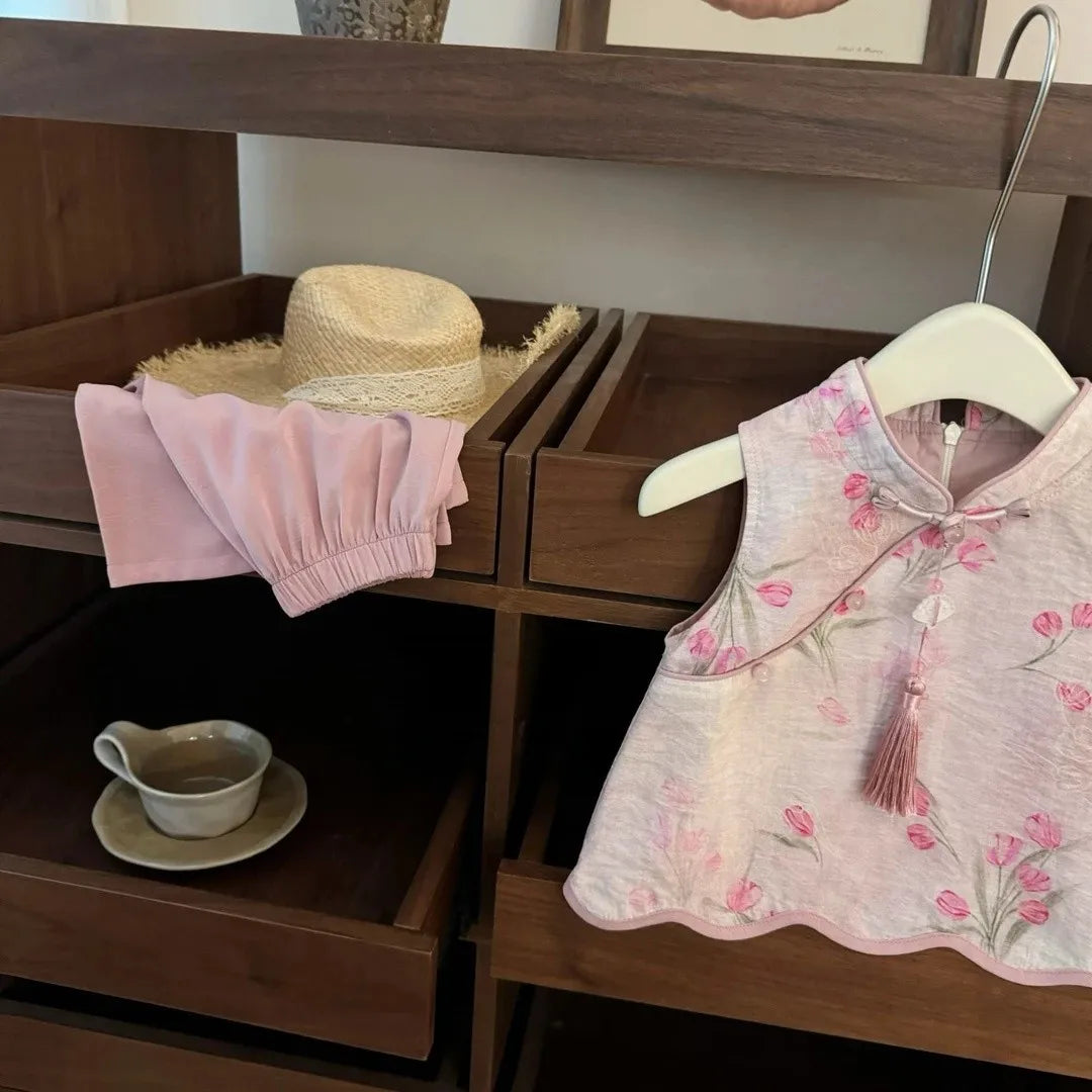 Baby Girl's Clothing  Sets Children New Chinese Style Pink Jacquard Cheongsam Vest+ Straight Leg Pants Grils Elegant Set