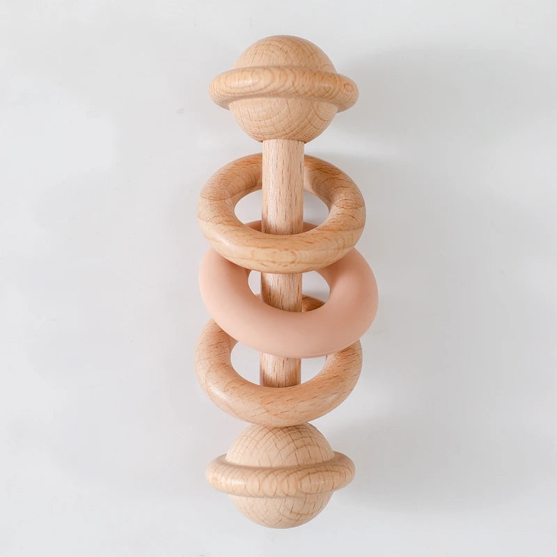 BPA-free Baby Toys Wooden Rattles Silicone Ring Rattles and Mobiles Babies 0–12 Months Sensory Toys Wooden Teether Baby Gifts