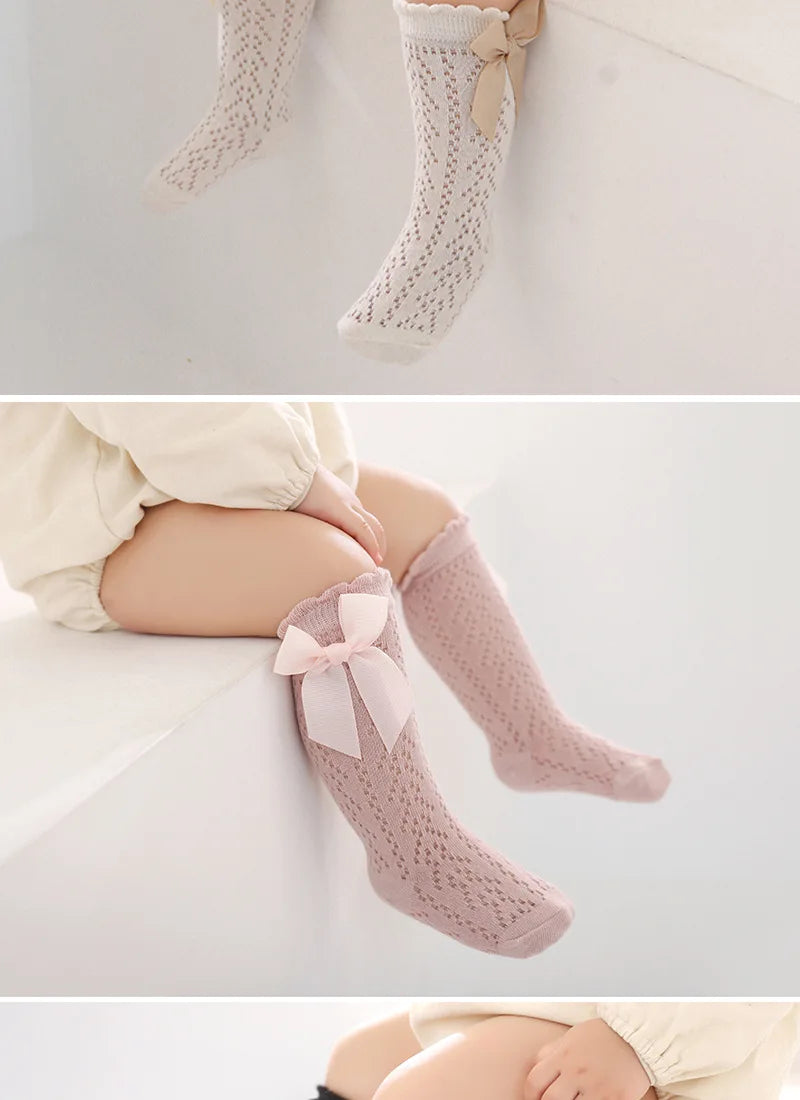 Baby Knee High Socks Kids Girls Boys Bow Long Sock Soft Cotton Mesh Breathable Children Hollow Out Socken for 0-3 Years Old