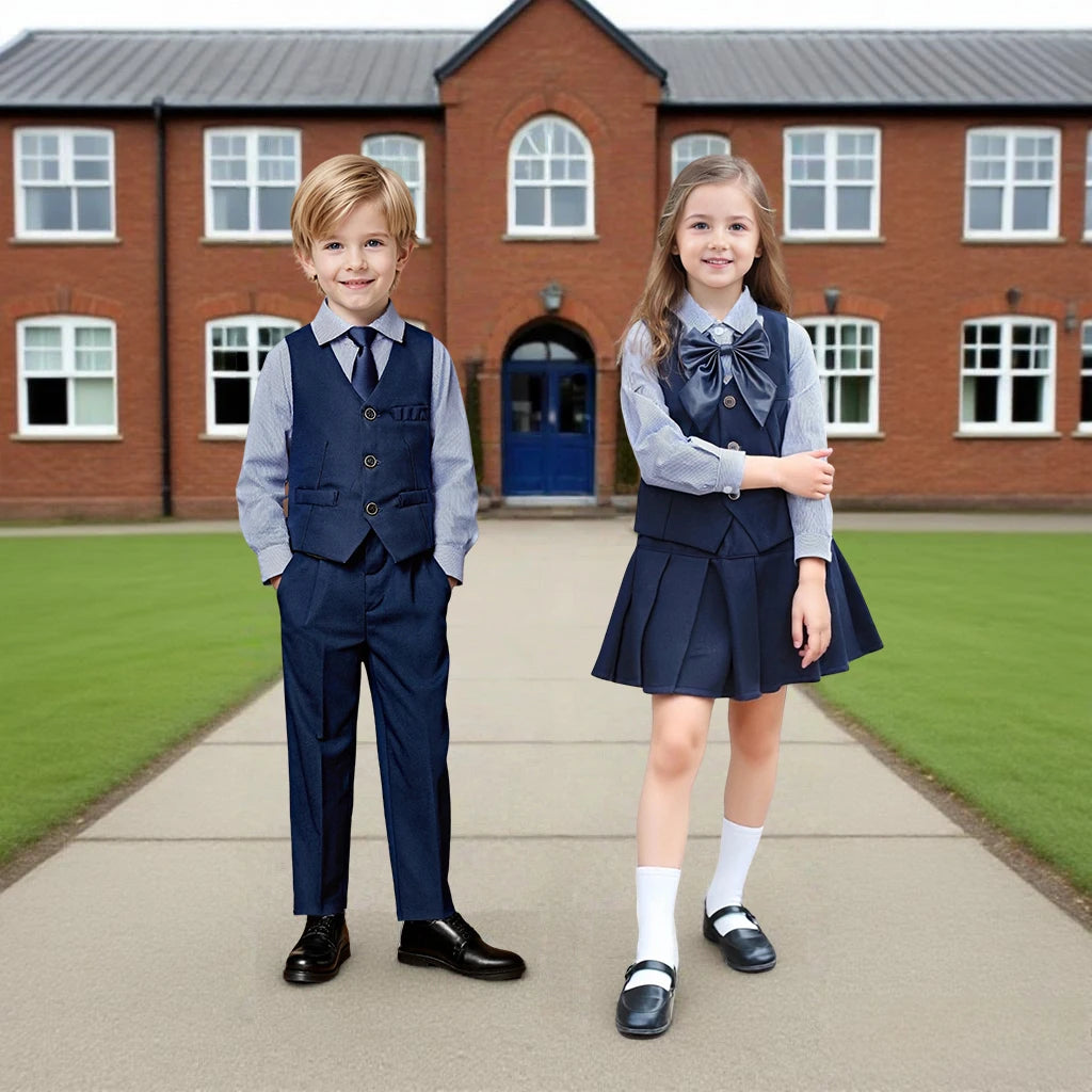 Kinderuniform für Jungen Mädchen Weste 4-teiliges Langarm-Herbst-Schulkleidungsset Teenager Preppy Stil Tägliches Modekleid