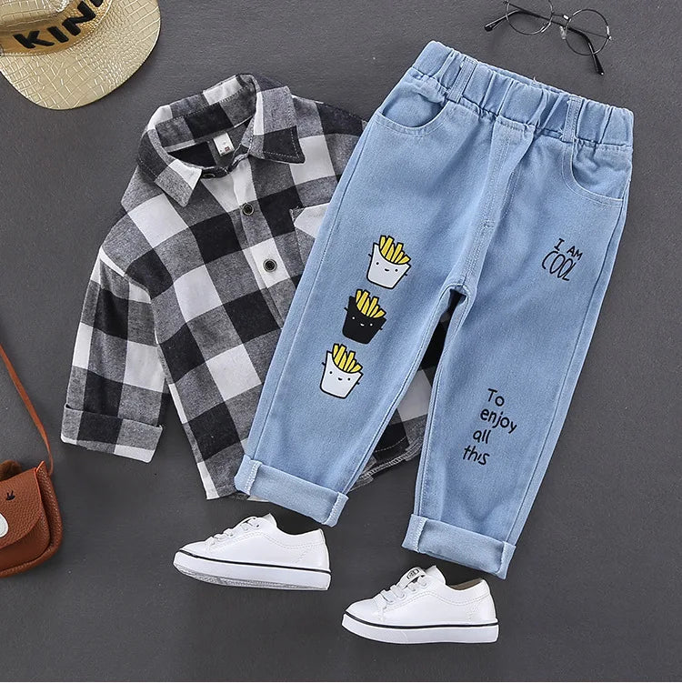 Spring Autumn Children Jeans Boys Cotton Print Splice Stretch Denim Pants Korean Teenage Trousers Wear Kids ClothingDenimRipped