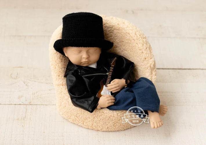 Newborn Photography Clothes for Baby Boy Cool Leather Jacket Clothing Musician Guirar Set Props for Studio Photoshoot Props