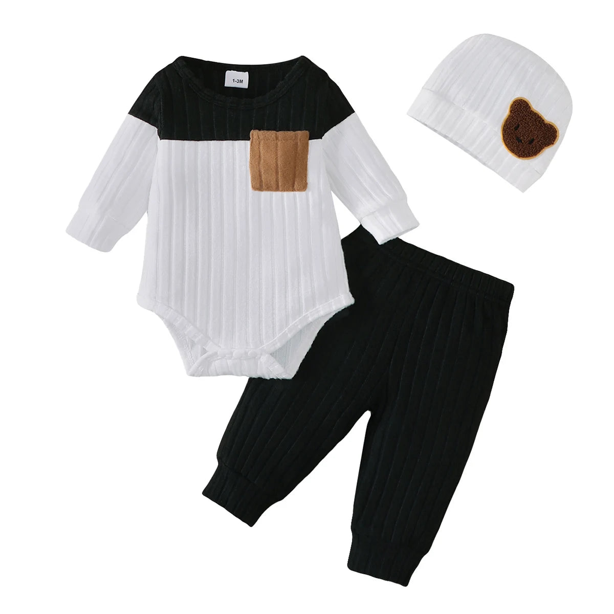 3PCS Newborn Baby Boy Clothes Set Long Sleeved Color Blocked Bodysuit+Gray Pants+Hat Autumn Clothing for Toddlers 1-18 Months