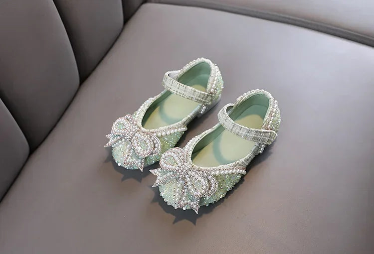 Sandalias para niñas, moda, lentejuelas, diamantes de imitación, lazo, zapatos de princesa para bebé, sandalias planas para niños, tallas 21-36