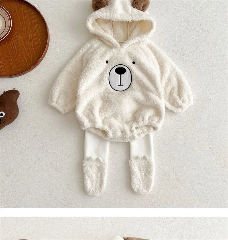 Baby Clothing Autumn Winter Cute Hooded Cartoon Bear Baby Crawling Clothes Pajamas Warm Double-sided Plush Jumpsuit Trousers Set