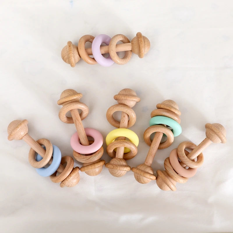 BPA-free Baby Toys Wooden Rattles Silicone Ring Rattles and Mobiles Babies 0–12 Months Sensory Toys Wooden Teether Baby Gifts