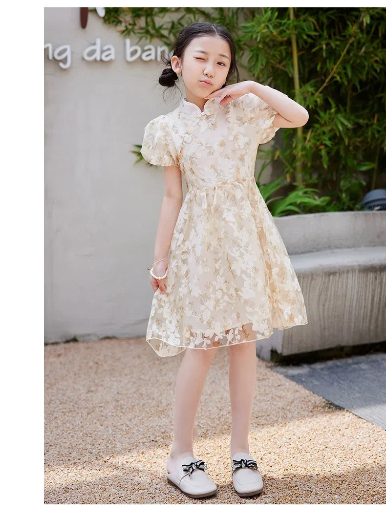Mother Daughter Matching Dresses Vintage CheongsamGirl Daily Wear Retro Floral Dress Princess Gown Summer Outfit Mommy and
