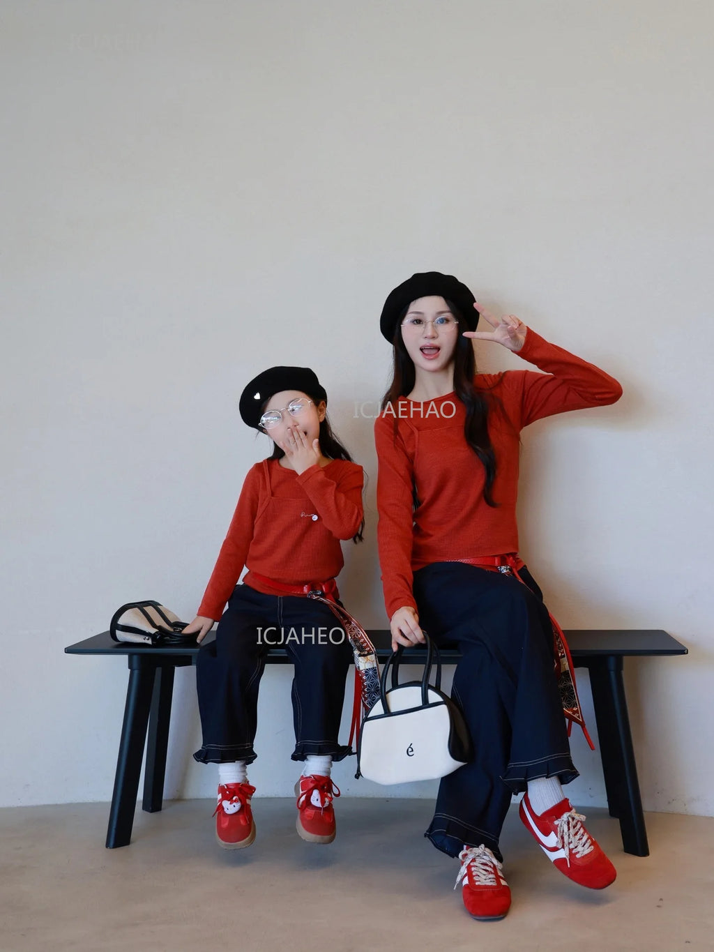Matching Mother Daughter Children Orange Casual Outfit Straight Leg Jeans with Ribbon Trim Wide Leg Soft Denim Pants and Top Set