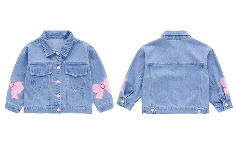 Lovely Style Babi Girls Casual Blue Denim Jacket Coat with Bow Embroidery Kids Child Fashion Spring Autumn Streetwear Outfit