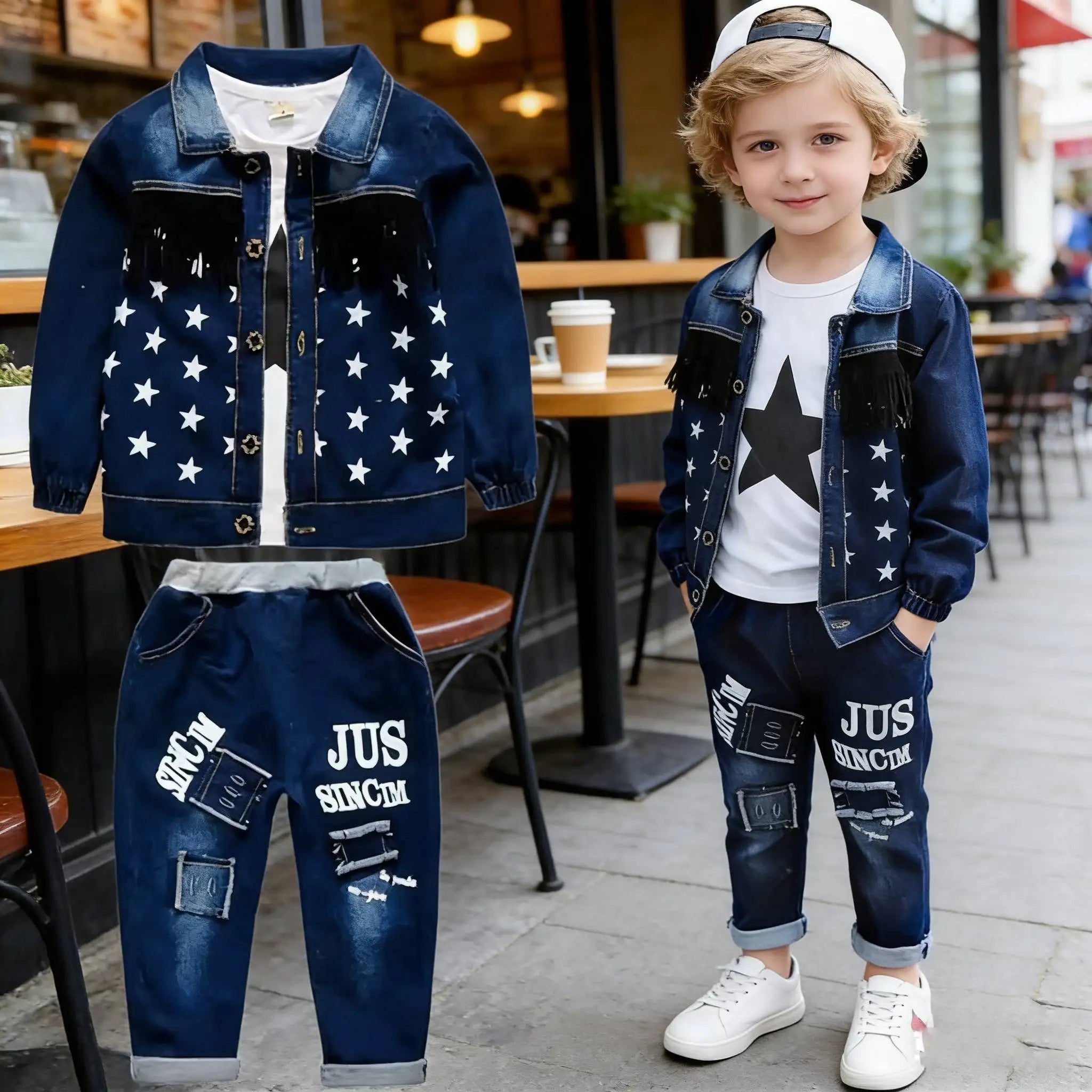 Conjuntos de moda de primavera para niños Ropa para niños 2 piezas conjunto de top y pantalón Abrigo de algodón vaquero + Pantalones vaqueros lisos Conjuntos para bebés niños