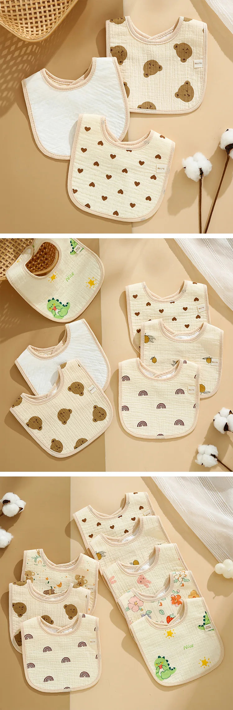 7pcs Cotton Baby Bibs Waterproof Burp Cloths Newborn Saliva Towel Cartoon Print Babies Accessories Baby Feeding Bib Items