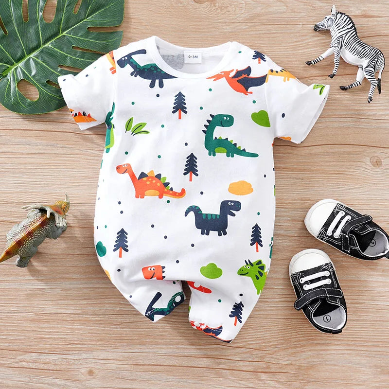 Neugeborenen-Kleidung Niedlicher Cartoon-Dinosaurier Allover-Print BaumwolleBequem und weichSommer Jungen und Mädchen0-18 Kurzärmeliger Baby-Strampler