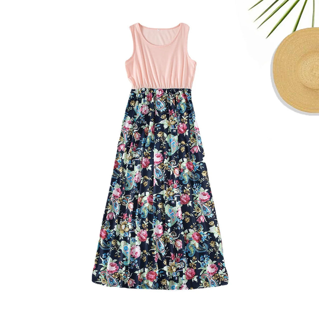 New Mother Daughter Summer Dresses Sleeveless Flower Patchwork Sundress Mom Mommy and Me Maxi Dress Family Matching Outfits