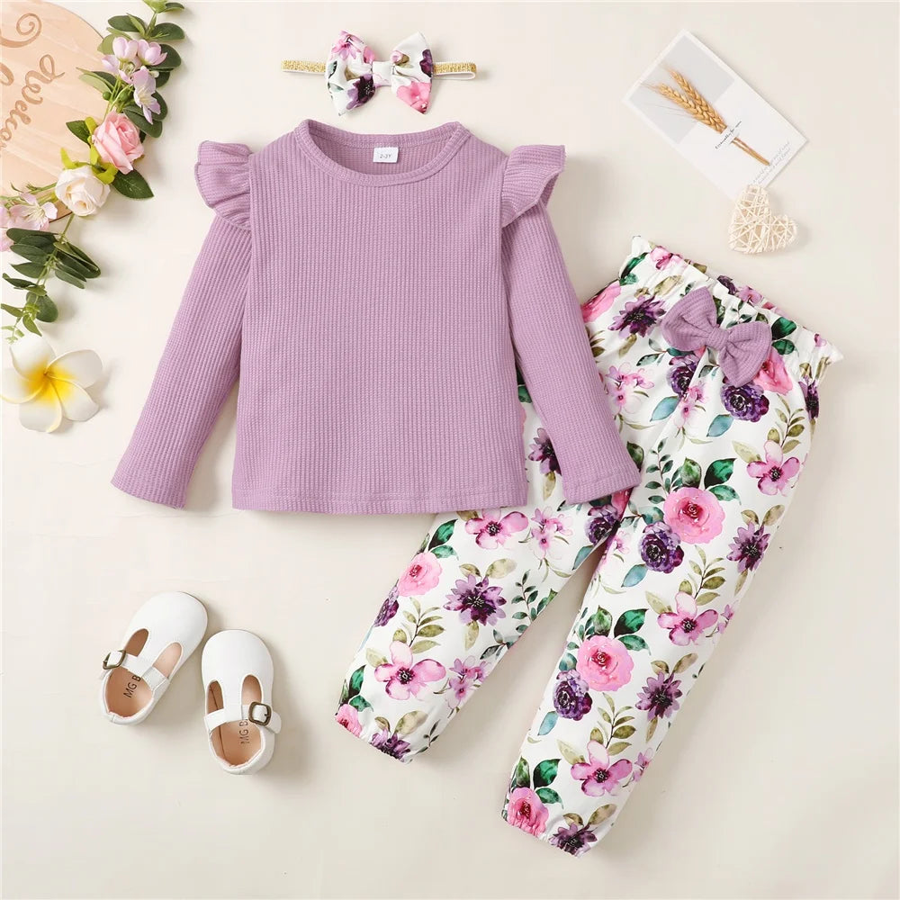 Conjunto de ropa de niña de 1 a 5 años, manga larga, top de color sólido + pantalones florales, conjunto de ropa de moda de primavera y otoño para niña pequeña