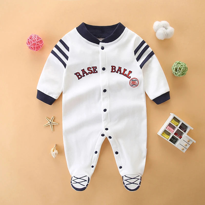 Baby jumpsuit spring & fall pure cotton long-sleeved newborn clothes 0-1 year old baby baseball uniform foot-covering hoodie