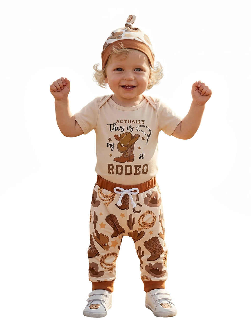 Baby Boy's Western Clothing Sets Fashionable Booties Print Short Sleeve Romper with Pants Hat 3Pcs Outfits