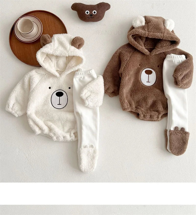 Baby Clothing Autumn Winter Cute Hooded Cartoon Bear Baby Crawling Clothes Pajamas Warm Double-sided Plush Jumpsuit Trousers Set