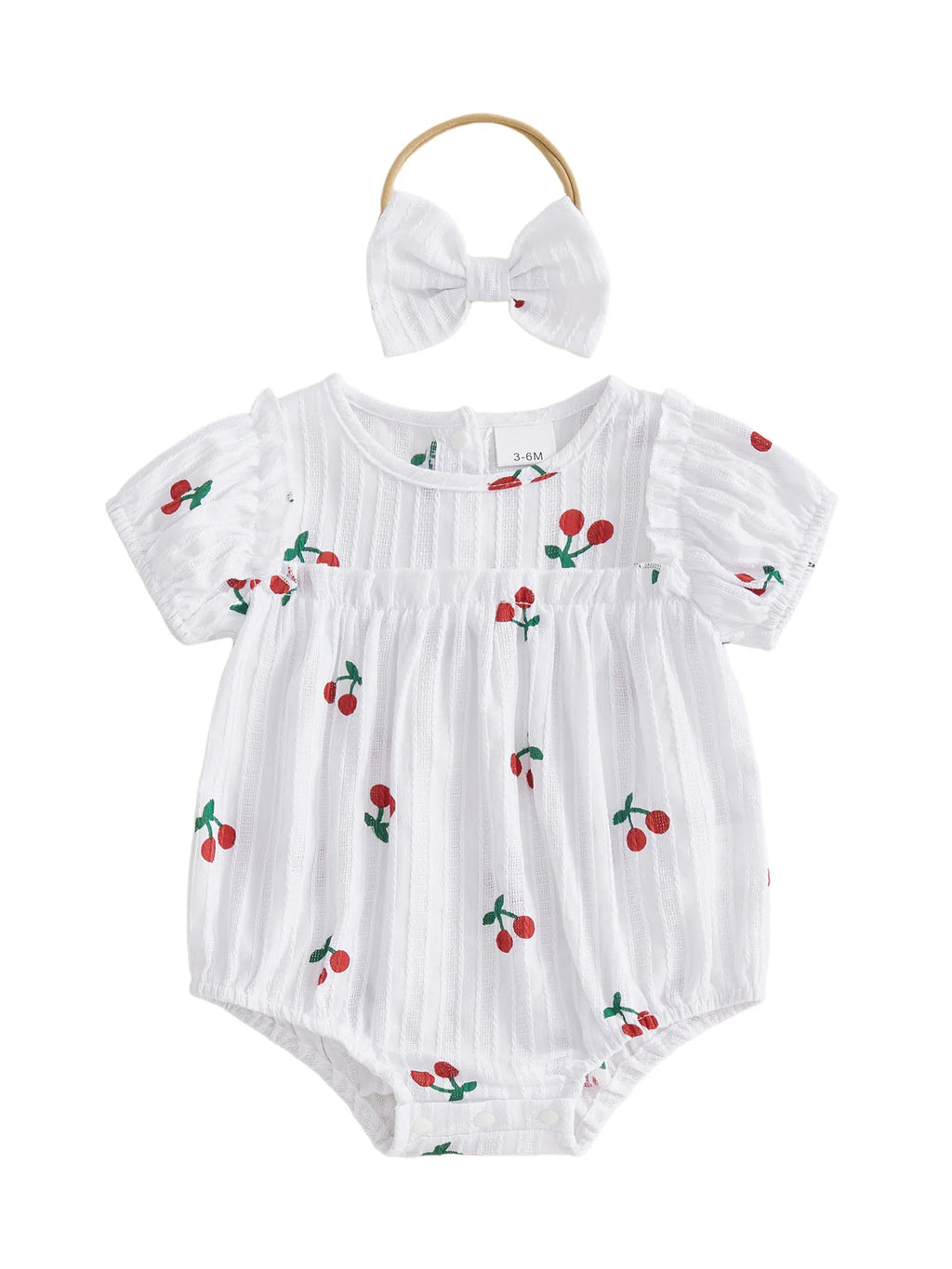 Neugeborene Baby Mädchen Sommer Bodysuit 2-teiliges Outfit Süßer Kirschdruck Rundhals Rüschen Kurzarm Strampler und Schleifen Haarband Set