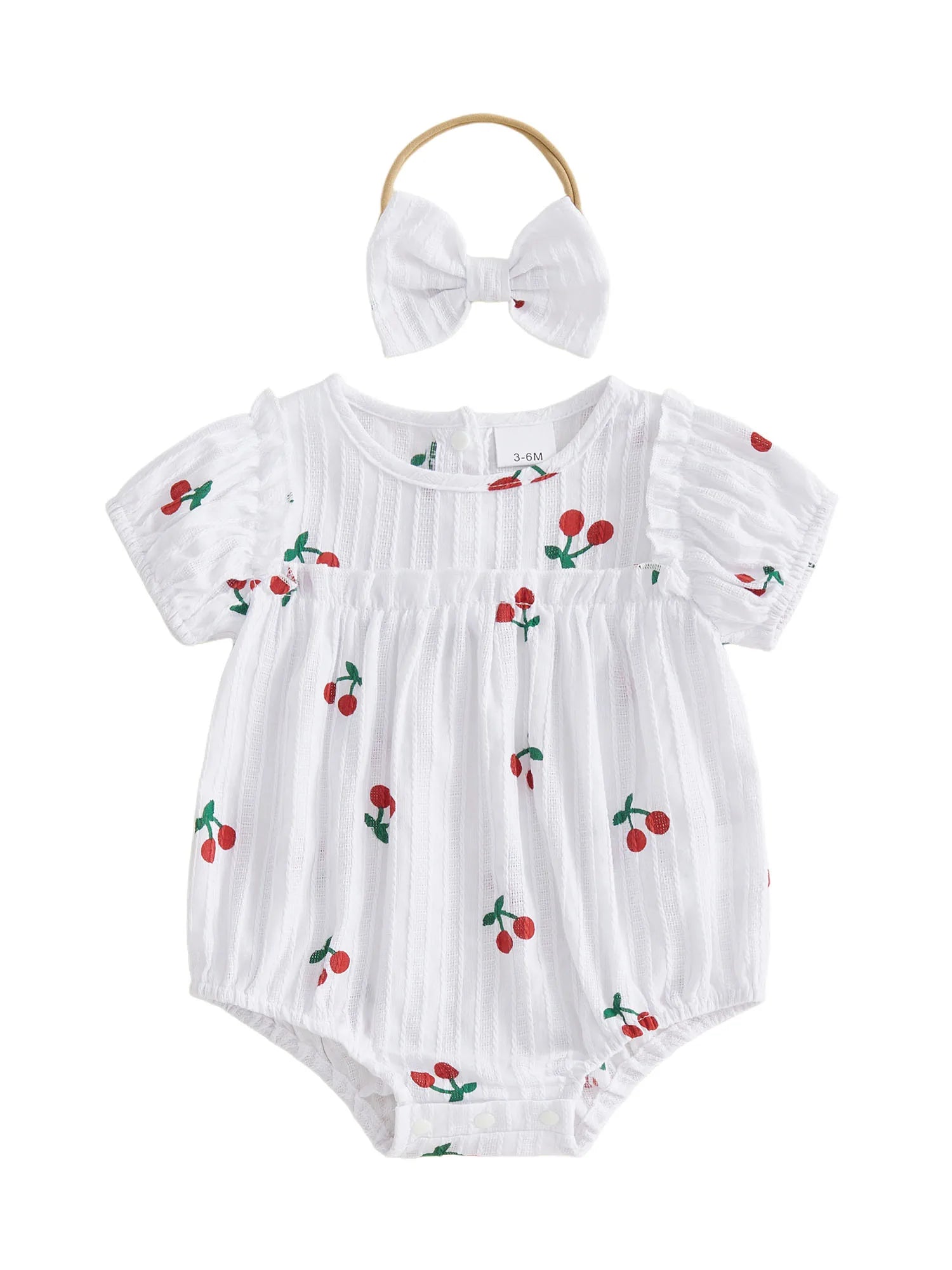 Neugeborene Baby Mädchen Sommer Bodysuit 2-teiliges Outfit Süßer Kirschdruck Rundhals Rüschen Kurzarm Strampler und Schleifen Haarband Set