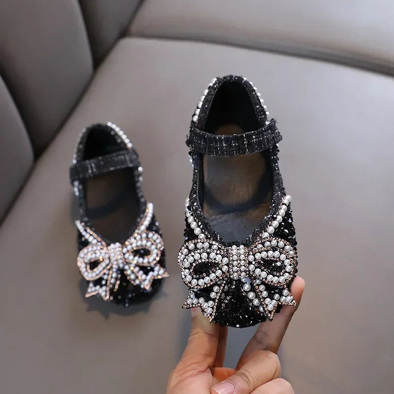 Sandalias para niñas, moda, lentejuelas, diamantes de imitación, lazo, zapatos de princesa para bebé, sandalias planas para niños, tallas 21-36