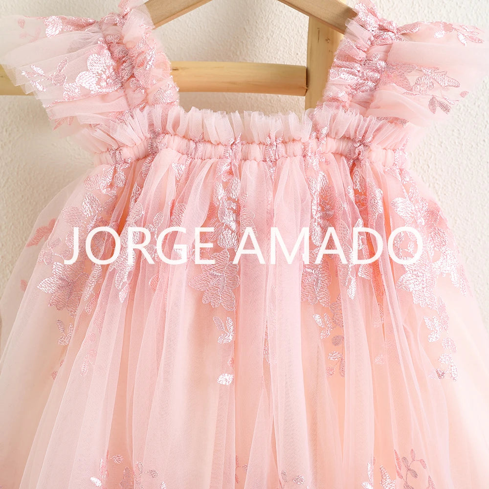 Nuevo vestido de verano para bebé niña, bonito bordado de color liso, tutú de tul, vestidos de princesa para fiesta, vestidos informales elegantes, A5956