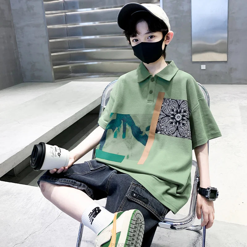 Jungen Kleidung Sommer Set Kind Mode Kurzarm Poloshirt & Jeansshorts 2-teiliger Anzug Teens Kinder Oberteil und Unterteil Kleider Set