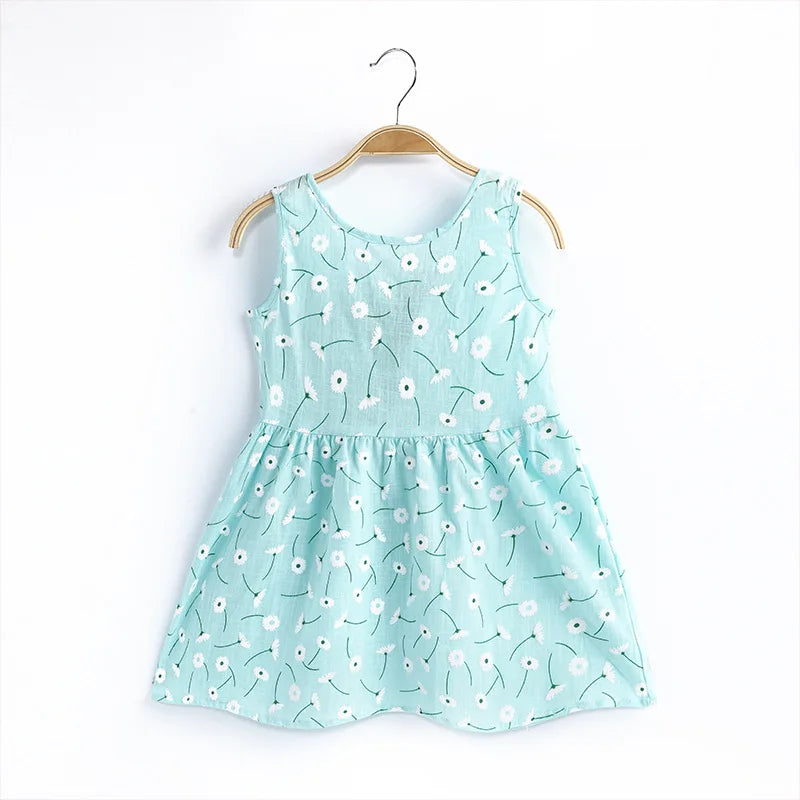 2025 Summer Girls Print Binding Rope Dress For 1-6Years Kids Cotton Sleeveless Sundress Baby Beach Above Knee Mini Casual Dress