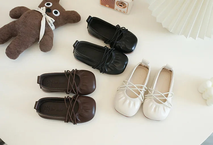 Baby Girls Leather Shoes Soft Princess Ruffles Pleated Mules Kids Casual Flats Slip-on 2025 Autumn New Children's Dress Shoes