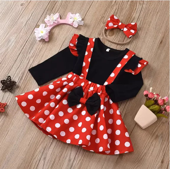 Conjunto de ropa para niños de 1 a 5 años, ropa de bebé, conjunto de ropa para niñas, traje de cumpleaños de verano, top de puntos, falda, disfraz de Minnie con diadema